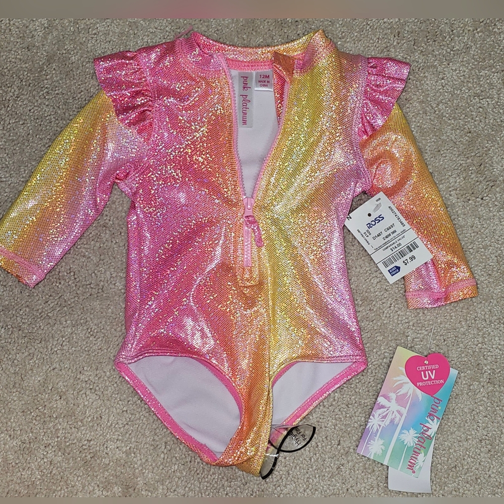 Pink Platinum Girls' 1-Piece Ombre Glitter Mermaid Swimsuit 12 Months